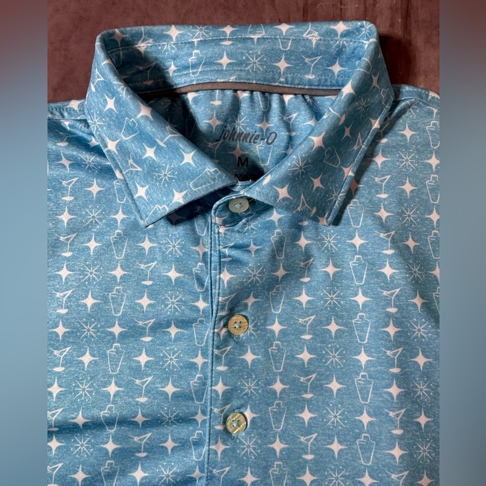 Johnnie O Polo Golf Shirt Men’s Size Medium Martini Prep All Over Print Stretch